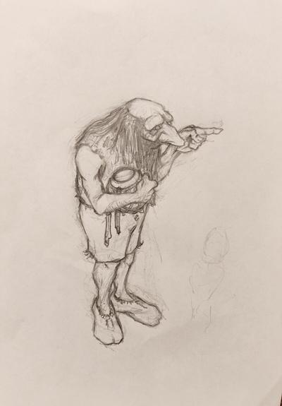 Pencil sketch of a friendly looking troll like being with long hair and a large nose, dressed in simple clothes and holding a sphere shaped jar. It is pointing somewhere as if giving directions.