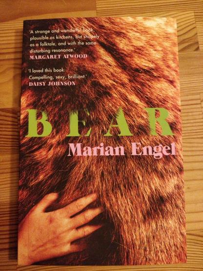 Das Buch "Bear" von Marian Engel liegt auf einem Holztisch. Am Cover ist eine Hand zu sehen, die duch dichtes braunes Fell streichelt.