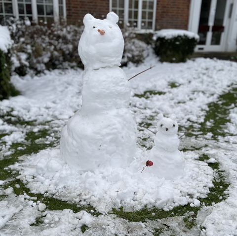 Two small snow bears stand next to each other, the snow around them is patchy with green grass showing through. The larger snow bear is made of three snow balls, has one twig arm (what happened to the other? We will never know). A carrot nose and two berries (I think) for eyes. There is a wee child snow bear beside it, with berries for its nose and eyes. So cute!
