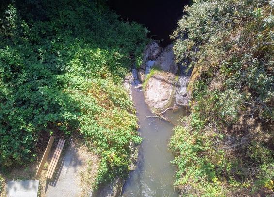 Looking down from bridge at part of Colquitz River. There's a wooden park bench on the left side.  Green foliage surrounds river.  There's a big boulder that splits the river, seen & rocky cliffside, filled with foliage, is on the right.