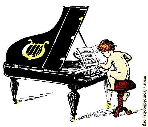 A young boy (naked) with red hair and pale skin sits on a stool playing a piano from sheet music