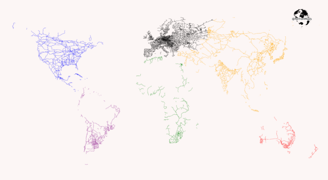 Map of the railroads of the world. Railroads seem particularly dense in Europe.