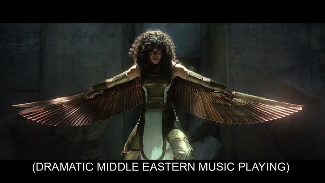 A screen grab from Moon Knight of Scarlet Scarab, played by Egyptian-Palestinian actress May Calamwy, opening her wings with the caption "dramatic middle eastern music playing"