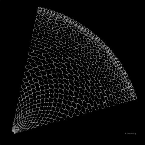 An almost sector-like shape made by squiggly structures formed with 29-gons.  Shown in white on a black background.