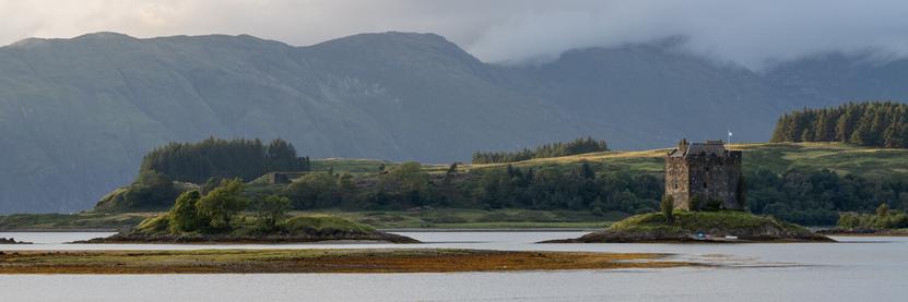 Panorama including Castle Stalker near dusk - August 2022.