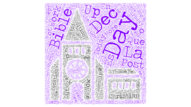 Theres.Life Word art of a church. The 10 most frequent words were:  Day, Dec, Bible, Post, La, Work, Up, Thursday. Edition, Que