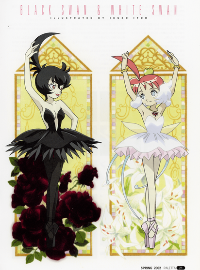 Fourth page of the Princess Tutu interview with Ikuko Itoh and Junichi Sato, this one being a big illustration of character Princess Tutu herself posing next to Princess Kraehe in front of two glass window frames.

Tutu has white lilies growing behind her, while Kraehe has dark roses.