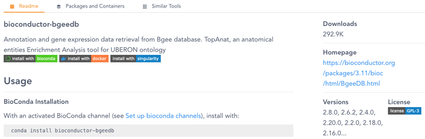 Screenshot of bioconductor-bgeedb page on biocontainers.pro