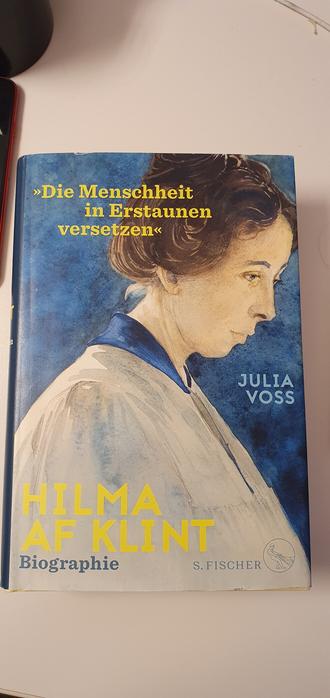 Cover des Buchs 
Hilma af Klint. Biographie von Julia Voss. 
Auf dem Cover sieht man das gemalte Porträt einer Frau Mitte oder Ende 30 im Profil. Sie trägt einen weißen Malkittel mit bkauem Kragen, ihre braunen Haare zu einem unordentlichen Dutt aufgesteckt. Man sieht sie im Profil ungefähr bis zur Schulter.