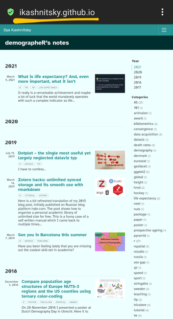 Screenshot of the main page of my site/blog at https://ikashnitsky.github.io