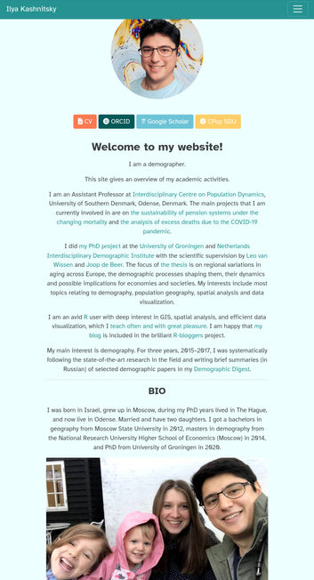 Screenshot of the "About" page of my personal site at https://ikashnitsky.github.io/about