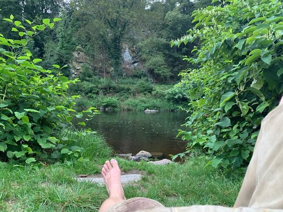 bare foot stretched out, photo from perspective of reclining person, green plants and brown river framing image