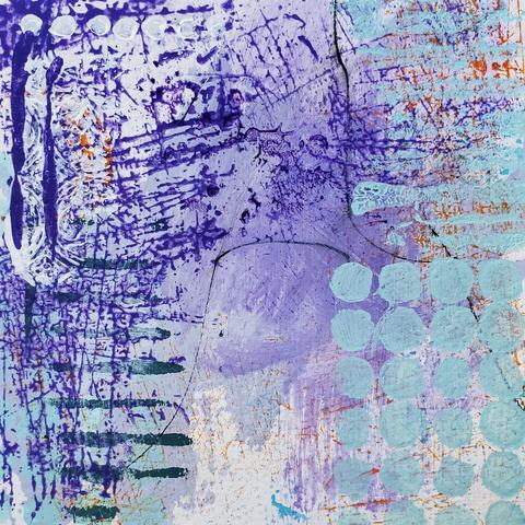 Colorful tropical feel in this original abstract painting in purple, aqua, orange and blue by Lynnie Lang titled PURPLE DAIQUIRI. Filled with scratches, lines, circles and dots, smudges and splashes, this painting is filled with wispy movement and grunge street art character.
