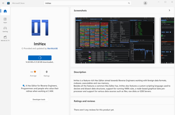 A screenshot of the hexeditor called ImHex in the windows store