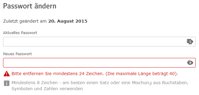 Screenshot von web.de mit folgender Fehlermeldung zum neugewaehlten Passwort: "Bitte entfernen Sie mindestens 24 Zeichen. (Die maximale Länge beträgt 40)."