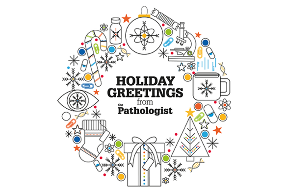A graphic of a wreath made up of colored line art icons. Some icons are medical or scientific in nature (such as a microscope, an eye, or a DNA double helix), whereas others are winter or holiday-themed (such as a snowflake, a present, or a tree).