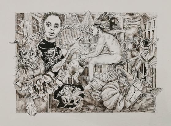 A small detailed pen drawing with figures, beasts, anatomical details and medieval houses in the background
