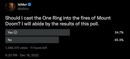 Isildur
@Isildur

Should I cast the One Ring into the fires of Mount Doom? I will abide by the results of this poll.