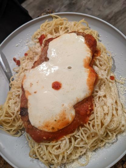 My best try at making chicken parm. I ended up using some organic chicken, fresh mozzarella and cheated on the sauce... For now.
