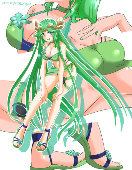 Illustration of Palutena wearing a green-and-purple bikini, with a short green sarong, a green thigh strap, and green-and-purple sandals. She's grinning, looking at the viewer, and leaning forward, supporting her arms on her knees. In the background is a collage of close-ups of the various parts of her outfit. The artist signature and my username are in the top left.
