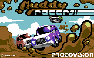 Titelbild des neuen Commodore 64-Spieles "Muddy Racers", welches zwei knuffige Autos zeigt, die um die Wette rasen.
