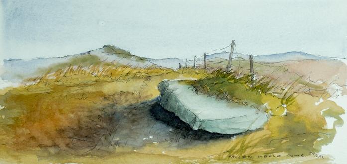 A pen and watercolour sketch of a wedge tomb near Mount Corrin, West Cork, Ireland. A flat stone slab lies partly buried beneath grasses under a boundary fence. Autumnal yellows and greens with soft blue-grey hills behind and the fence dipping over the nearby grassy ridge, drawn and painted loosely.