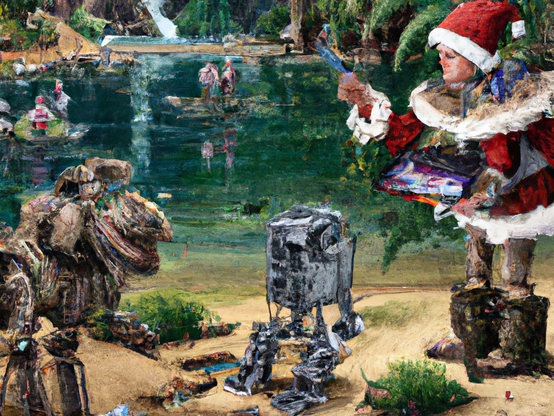 A woman wearing a Christmas outfit directing mining robots with a handheld device, in a jungle by a lake.