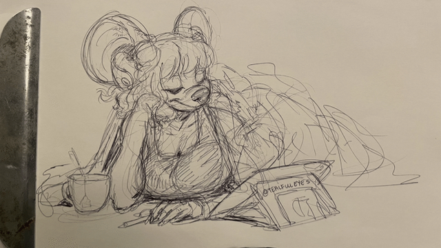 Anthropomorphic mouse relaxing with a cup of tea, under a blanket, and watching something on her tablet.