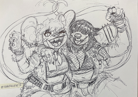 An anthropomorphic mouse duo cheerfully posing with their arms slung over each others shoulders while rooting for the viewer.
