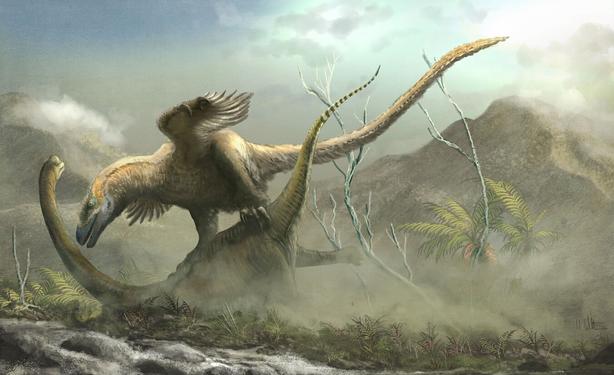 The feathered predatory dinosaur Deinonychus pins down a young long-necked dinosaur, Sauroposeidon.