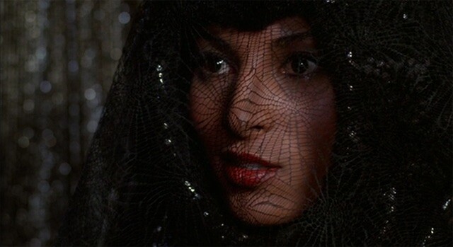 A dark seductress eyes you through a black veil.