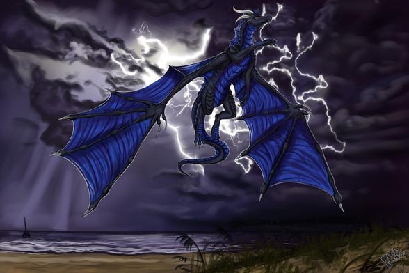 A black and violet dragon, flying over a beach with a thunderstorm in the background.