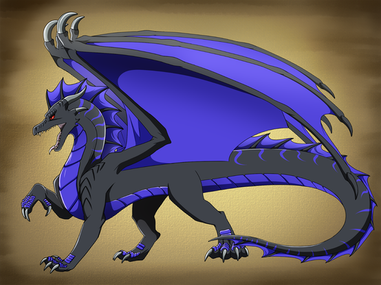 A black and violet dragon with red eyes, posing for a side-view.