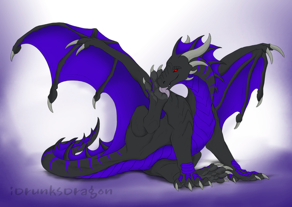 A black and violet dragon casually licking his own hind paw while sitting, to clean it.