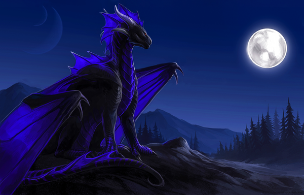 A black and violet dragon enjoying the moment in a valley, with mountains and trees in the background, as well the moon, a bunch of other planets in the sky.