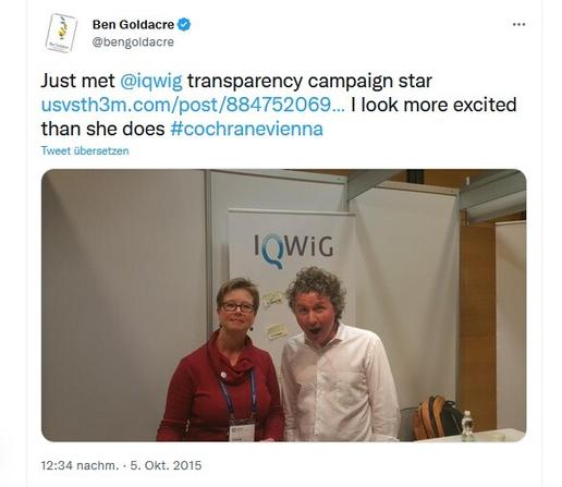 Andrea and Ben at the 23rd Cochrane Colloquium, in front of the QWiG logo at our exhbition booth