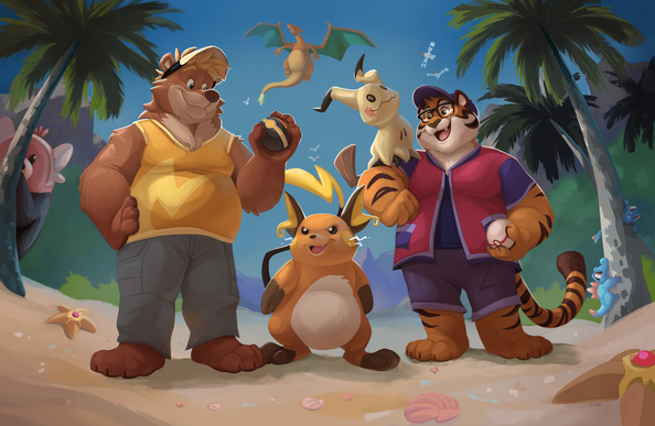 An anthropomorphic cartoon bear and tiger stand on a sunny beach, framed by arcing palm trees. Both are dressed in some typical pokémon trainer outfits, the bear in yellow with a lightning motif on his sleeveless shirt and the tiger in pinks and purples, and they hold a pokéball each. The bear has a Raichu companion smiling determinedly up at him, while the tiger happily looks at his Mimikyu pal perched on his shoulder. Around them we see some other creatures in the environment; a Bewear peeks from behind a palm tree, two totodiles play around another on the other side of the scene, and some Staryus lie on the beach. Up in the sky we can make out a soaring Charizard and a some scattered Wingulls.