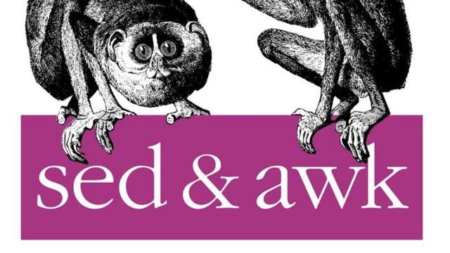 Tight crop of book cover from Oreilly’s Sed & Awk.  Woodblock illustrations of lemurs adorn the cover.