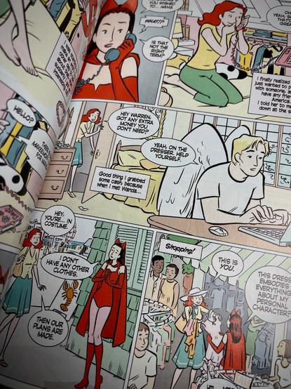 A page of comics from X-Men: First Class "Road Trips" by Jeff Parker, with art by Colleen Coover. A lonely Scarlet Witch has called Jean Grey to get  together socially. Jean borrows some money from Warren Worthington III, and the two girls go shopping.