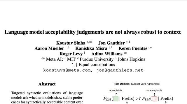 Language model acceptability judgements are not always robust to context. Koustuv Sinha, Jon Gauthier, Aaron Mueller, Kanishka Misra, Keren Fuentes, Roger Levy, Adina Williams.