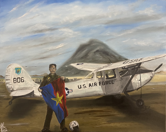 Painting of an O-1 Bird Dog spotter plane with the pilot standing next to it at an Air Force Base during the Vietnam War.