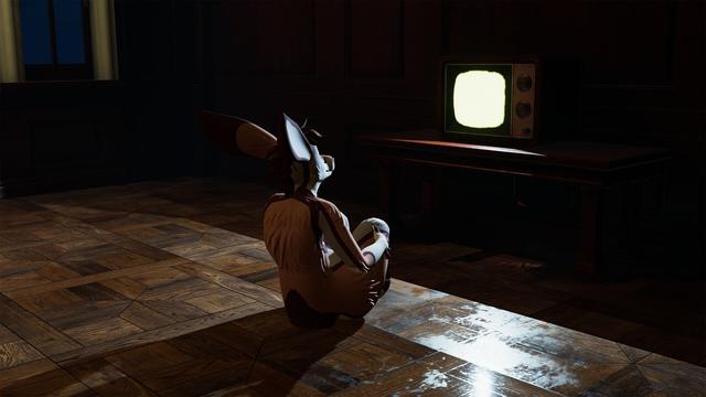 A VRChat kangaroo sitting cross-legged on the floor watching a TV