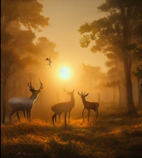 Deer in a forest turning their heads to the golden light of the Winter Solstice Sun