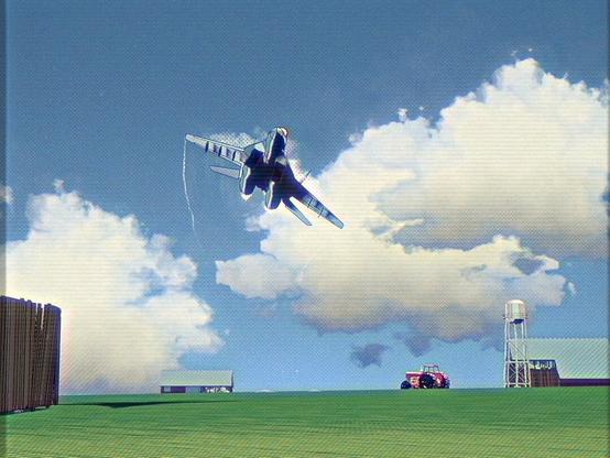 Comic illustration of a fighter jet passing over head at low level.