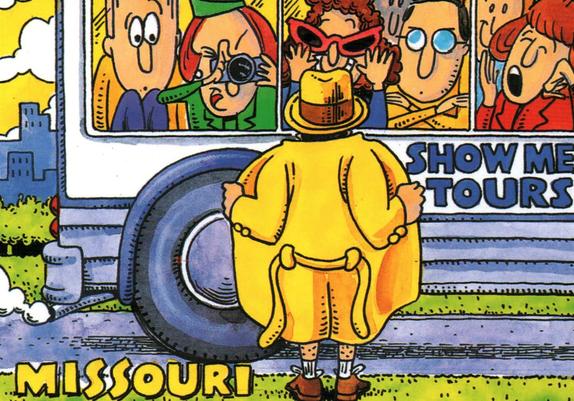 An illustration of a fellow wearing a yellow hat and yellow trench-coat opening the trench-coat towards a bust of tourists. Presumably he's nude. Reactions from tourists are excitedness, disinterest, surprise and one raises a camera. The bus reads "Show me tours" and there is a small yellow caption in the lower left which reads MIssouri.
