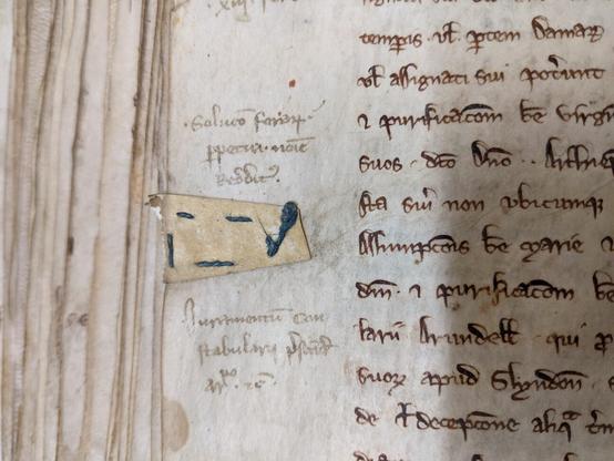 Manuscript page with iron gall ink. Blue thread stitched in a skewed rectangle. All remnant of parchment projecting from the foredge.