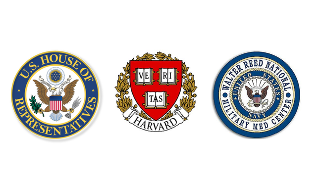 Official seals of the US House, Harvard, and Walter Reed