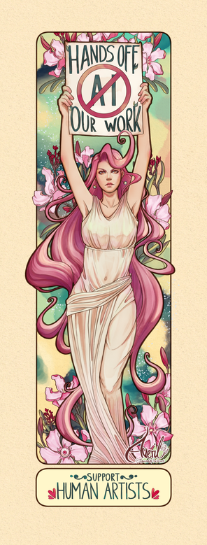 A woman holding up a sign saying "Hands off our work" (crossed out AI). She has pink wavy floor length hair and is wearing a thin off-white linen dress in the style of greek statues. Behind her are oleander flowers in the same color as her hair. A small section at the bottom of the image says "support human artists"