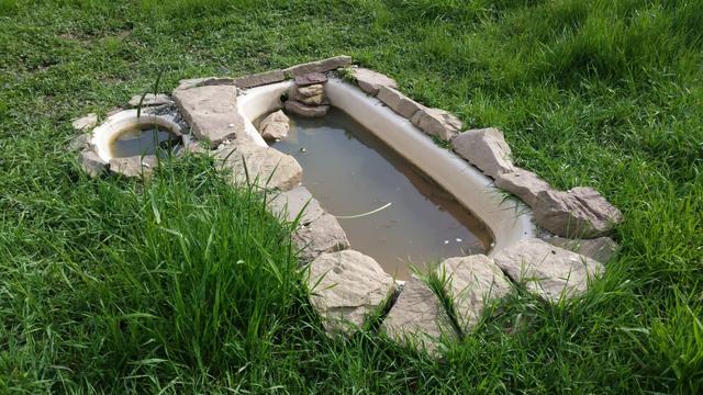 Badewanne und daneben Waschbecken als Teichwanne in Erde eingegraben