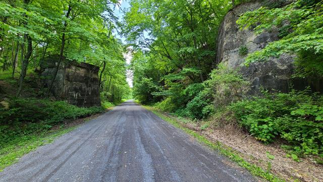 A wide bike trail cuts a straight line through a thick mountain forest. An old, decaying, concrete bridge abutment flanks the trail. It has not been used in decades, possibly 50 years or more. The tree canopy mostly blocks out the sky.